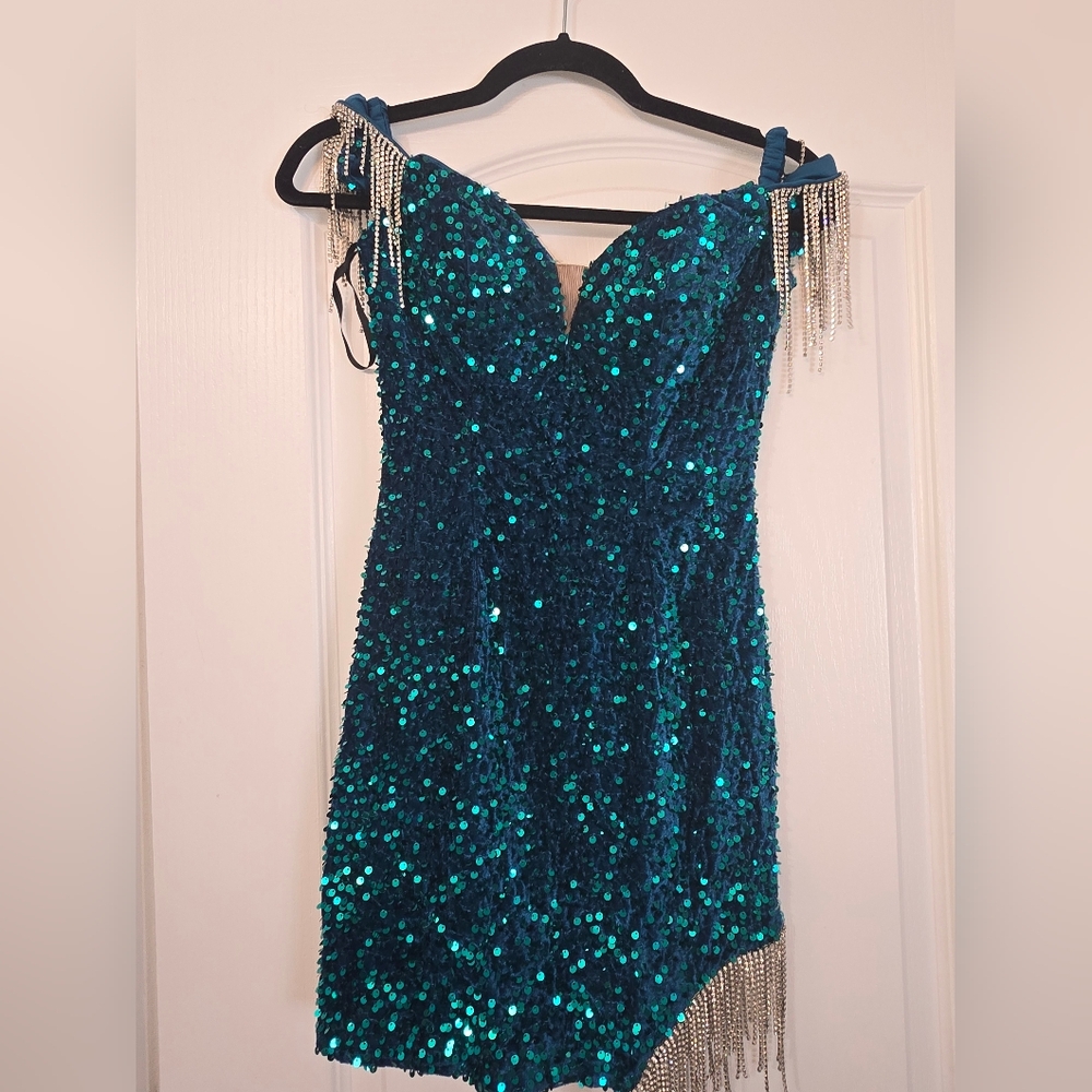 Alyce Paris turquoise sequined sparkling Special Occasion mini dress in size 00 - Picture 1 of 8